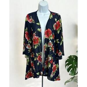 DNA Couture Floral Kimono Open Top Sz M Bell Long-Sleeve Semi Sheer Long Blouse